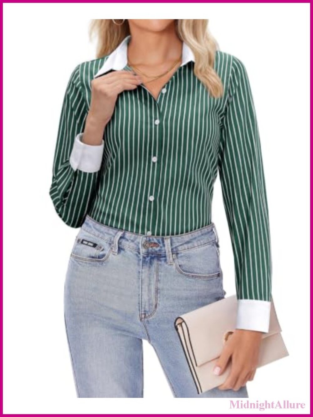 Women's Striped Button Down Shirt Cotton Long Sleeve Work Blouse